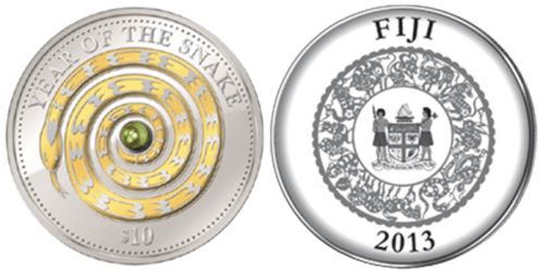 Серебряная монета "Год Змеи" Фиджи с жемчужиной