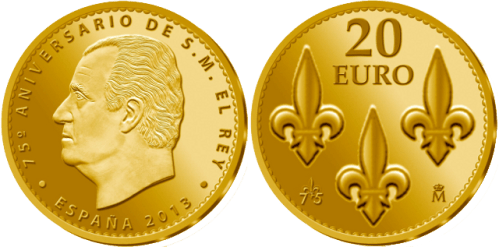 Золотая монета 20 евро к 75-летию короля Испании Хуана Карлоса