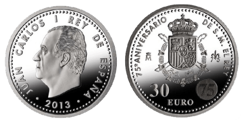 Серебряная монета 30 евро к 750летию короля Испании Хуана Карлоса
