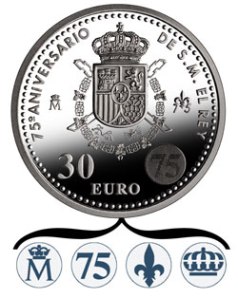 Латентное изображение на серебряной монете 30 евро к 75-летию Хуана Карлоса