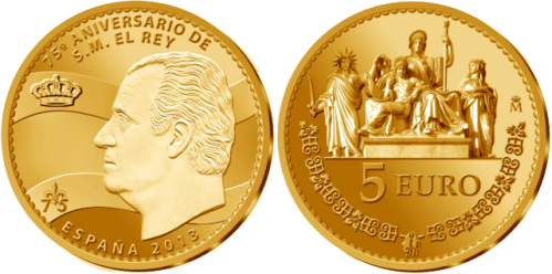 Позолоченная серебряная монета 5 евро к 75-летию Короля Испании Хуана Карлоса