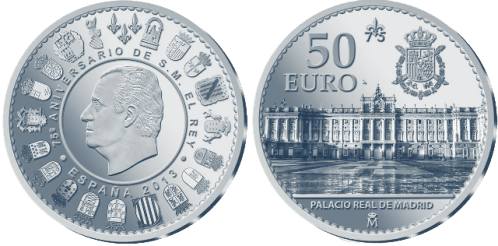 Серебряная монета 50 евро  к 75-летию Хуана Карлоса I