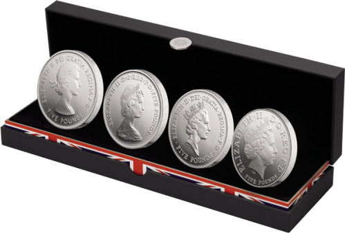 Набор 4 серебряные монеты-придфорты "Четыре портрета Королевы" 