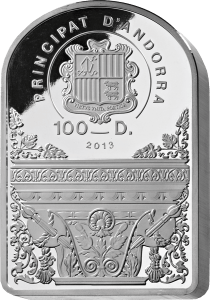 Аверс серебряной 1 кг монеты Мадонна 100 динаров Андорра 2013