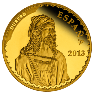 Альбрехт Дюрер "Автопортрет" (1498) на реверсе золотой монеты Испании 2013 г., номинал 400 евро