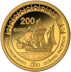 Золотая монета 200 евро Бальбоа первооткрыватель Тихого океана, Испания