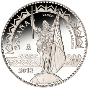 500-летие открытие Тихого океана Нуньесом де Бальбоа, 50 евро серебряная монета Испании