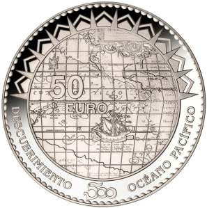 Аверс серебряной монеты 50 евро "Бальбоа, открывший Тихий океан" 2013 Испания