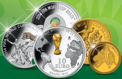 Золотые и серебряные монеты FIFA-WC-2014