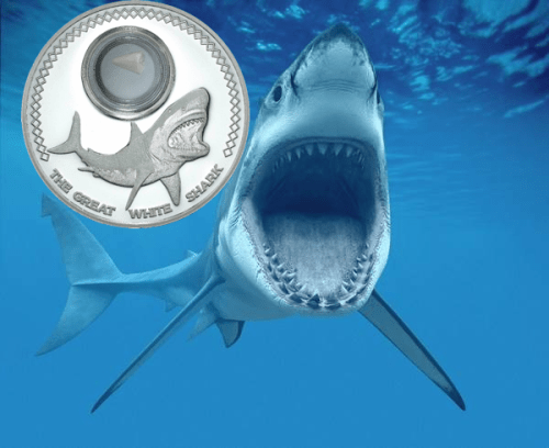 Серебряная монета "Большая белая акула" 2015 с зубом ископаемой акулы 5 долларов Токелау