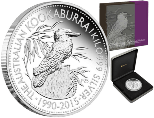 1 кг серебряная монета "25-летие выпуска монет "Кукабарра" 30 австралийских долларов 2015 Perth Mint
