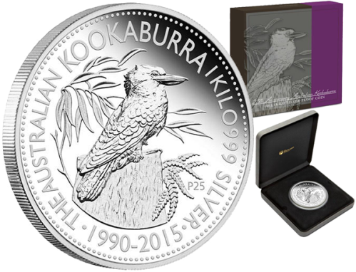 1 кг серебряная монета "25-летие выпуска монет "Кукабарра" 30 австралийских долларов 2015 Perth Mint