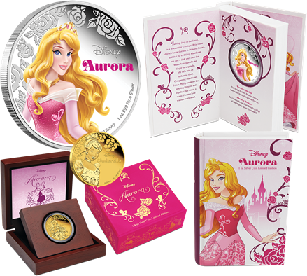 Золотая и серебряная монеты "Аврора" серии "Принцессы Уолта Диснея" 2015
