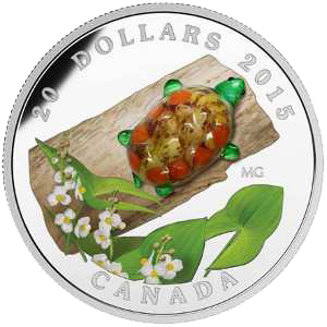 Серебряная монета "Черепаха с цветком дерева" 2015 Канада 20 долларов  муранское стекло