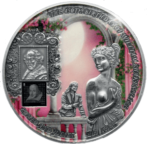 Серебряная монета с нано чипом Ромео и Джульетта Шекспир 2014 Бенин