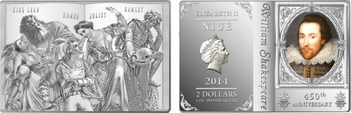 Серебряная монета Шекспир 2 доллара Ниуе Монетный двор Новой Зеландии 2014