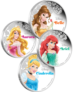 Золушка, Ариэль, Бэлль,  Аврора принцессы Диснея меребряные монеты