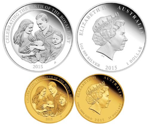 Золотая и серебряная монеты Австралии к рождению принцессы Кембриджской 2015