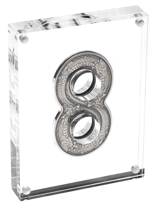 Серебряная мрнета Два дракона в форме восьмёрки 2018