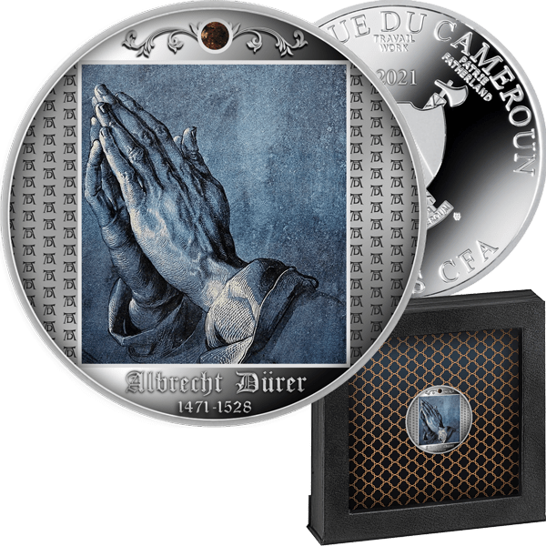 Серебряная монета "Руки молящегося" с инкрустацией янтарём